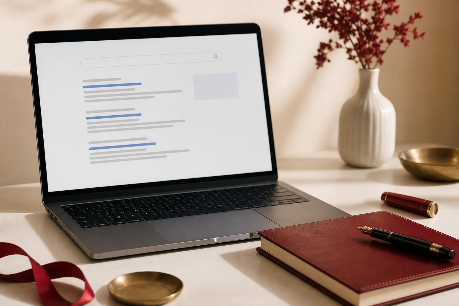 Open laptop showing a search results page beside a leather notepad and pen — reputation management on a working desk